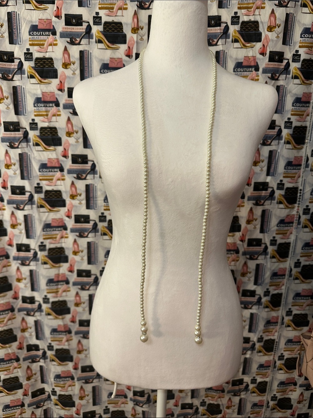 Elegant Long faux Pearl Lariat Necklace - White Pearls